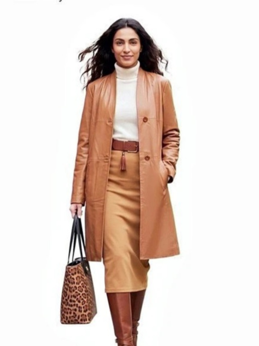 Jessica London 100% Leather Cognac Brown Tan Swing Coat Jacket 12W
